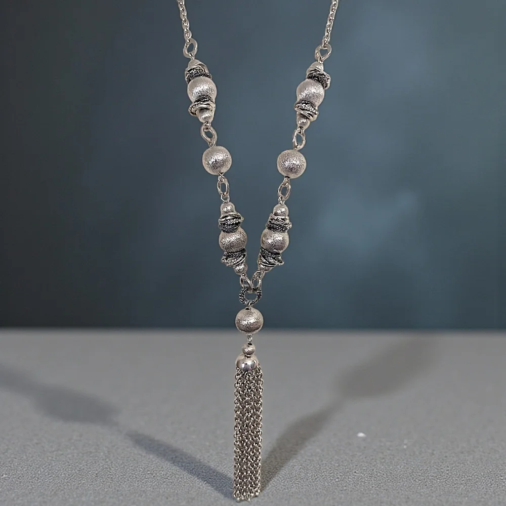 Y Drop Beaded Tassel Chain Necklace Bohemian‎ Western Witchy Silver Tone Gypsy